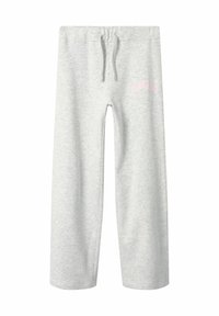 Pantalons de jogging gris clair en tissu doux, avec une taille à cordon de serrage et un logo rose sur le côté gauche. Design à jambe droite.