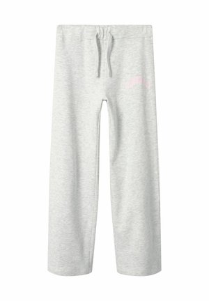 Pantalons de jogging gris clair en tissu doux, avec une taille à cordon de serrage et un logo rose sur le côté gauche. Design à jambe droite.