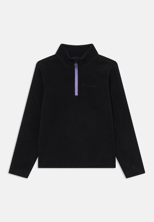 Zwarte fleece pullover met hoge kraag, paarse rits en lange mouwen. Heeft een subtiele logo op de borst en een zachte textuur.