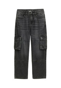 Schwarze Cargo-Jeans mit lockerer Passform, ausgestattet mit zwei seitlichen Taschen, sichtbaren Nähten und einer verblassten Textur. Klassisches Fünf-Taschen-Design.