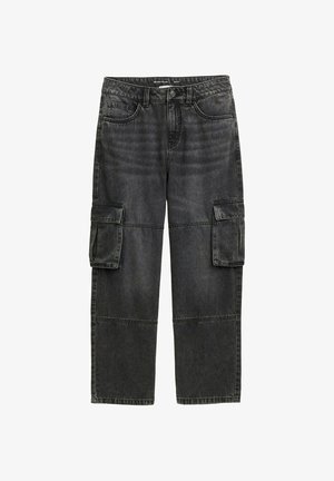 Schwarze Cargo-Jeans mit lockerer Passform, ausgestattet mit zwei seitlichen Taschen, sichtbaren Nähten und einer verblassten Textur. Klassisches Fünf-Taschen-Design.