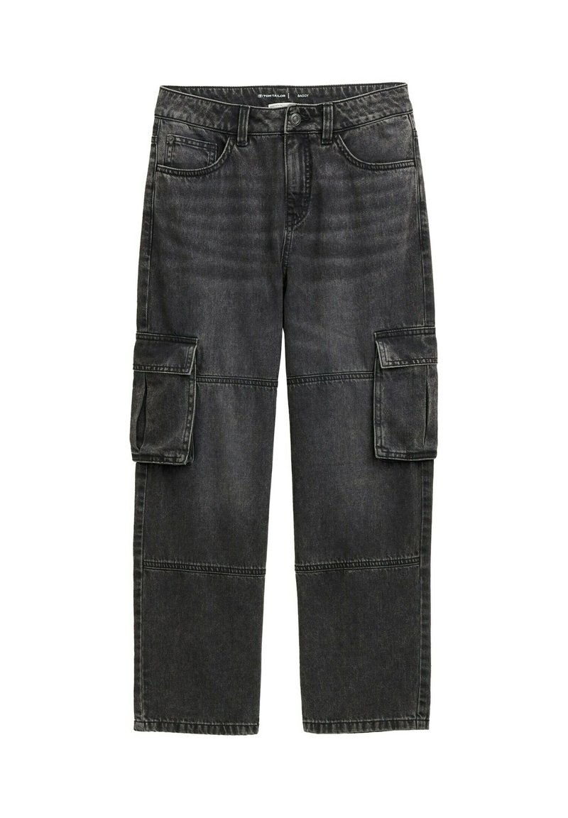 Schwarze Cargo-Jeans mit lockerer Passform, ausgestattet mit zwei seitlichen Taschen, sichtbaren Nähten und einer verblassten Textur. Klassisches Fünf-Taschen-Design.