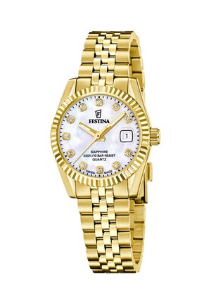 Zlaté pánske náramkové hodinky Festina s quartzovým strojčekom, bielym ciferníkom, diamantovými indexmi hodín, dátumovým okienkom na čísle 3 a spojeným kovovým náramkom.