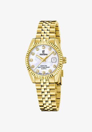 Złoty zegarek na rękę Festina quartz z białą tarczą, diamentowymi indeksami godzin, okienkiem daty na godzinie 3 oraz połączoną metalową bransoletą.