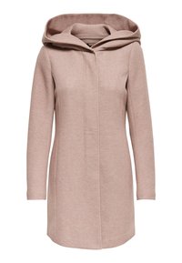 Light pink, knee-length coat made of textured fabric, featuring a large hood, single button closure, and seamless front design.