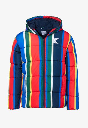 Gewatteerde jas met capuchon, voorzien van opvallende verticale strepen in rood, blauw, groen en geel. Voorzien van een rits aan de voorkant en een logodetail.