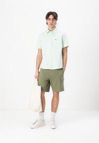 Camicia a maniche corte a righe verde chiaro, pantaloni corti verde oliva con tasca, sneakers bianche e una borsa a tracolla beige. Design semplice e moderno.