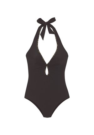 Black one-piece halter swimsuit with front keyhole cutout and tie closure at neck, featuring subtle leopard print trim around the edges.