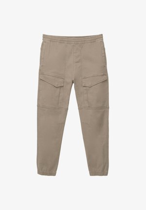 Beige színű, pamut keverékből készült cargo nadrág, elasztikus derékkal, két elülső zsebbel és szűkített szárakkal. Simább textúra, varrott díszítéssel.