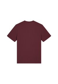 Bordeaux kleurig T-shirt met korte mouwen van zachte katoen, met een klassieke ronde halslijn en een gladde textuur zonder patronen of hardware.