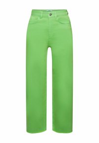 Pantalon taille haute à jambes larges de couleur vert citron vif, avec bouton devant, fermeture éclair et cinq poches.