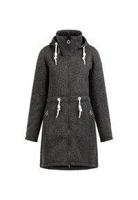 Dunkelgraue Fleecejacke mit Reißverschluss vorne, verstellbare Kapuze, zwei mit Reißverschluss versehenen Taschen und weißen Kordelzügen. Lockere Passform und lange Ärmel.