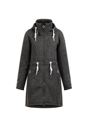 Jachetă din fleece de culoare gri închis cu fermoar pe față, glugă ajustabilă, două buzunare cu fermoar și accente albe de șnur. Croială lejeră și mâneci lungi.