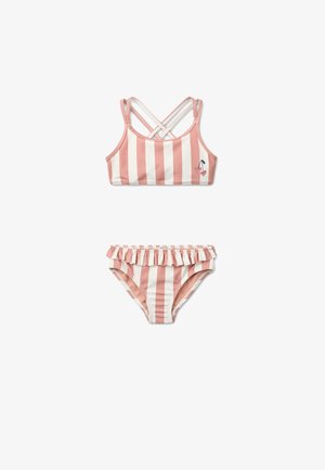 Conjunto de bikini de rayas en rosa y blanco, con un top cruzado con detalle del logo y un bikini hipster con volante en el borde.