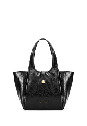 Bolso tote de cuero negro brillante con asas anchas, una correa frontal con un botón dorado y "WITTCHEN" grabado en dorado en la parte inferior.