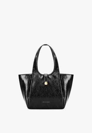 Borsa tote in pelle nera lucida con manici larghi, una cinghia frontale con un bottone dorato e la scritta "WITTCHEN" in rilievo dorato nella parte inferiore.