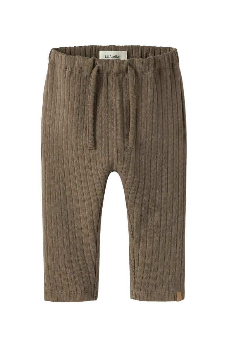 Ribbede brune barnebukser med elastisk midje og snor, med en liten vevd etikett på nedre venstre side.