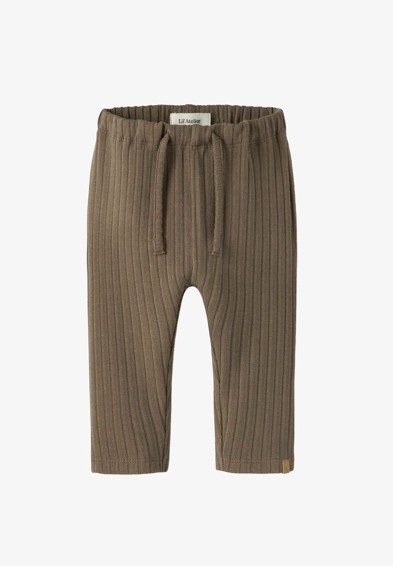 Ribbed brown children's pants with an elastic waistband and drawstring, featuring a small woven label on the lower left side.