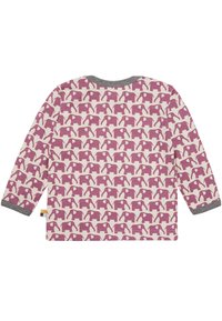 Camicia a maniche lunghe color crema con un motivo ripetuto di elefanti viola, con una scollatura e polsini grigi. Tessuto morbido in cotone.
