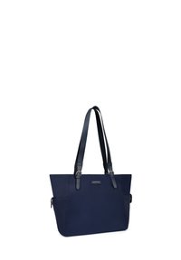 Marineblauwe totebag gemaakt van duurzaam materiaal, met twee zwarte lederen handgrepen, een gestructureerde vorm en een zijvak voor opbergruimte.