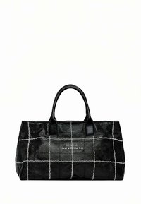 Schwarze rechteckige Handtasche aus glattem Material, mit einem weißen Gittermuster und kontrastierenden Nähten, zwei kurzen Griffen und Markenlogo.