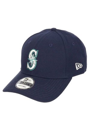 Navy blue baseball cap made of cotton, featuring a green and white embroidered logo on the front, adjustable closure at the back.