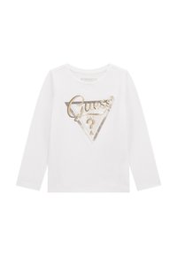 Witte lange mouwen T-shirt met een glanzend gouden en zwarte "Guess" logo in een driehoekig ontwerp met een vraagteken. Gemaakt van katoen.