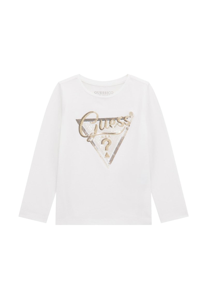 Witte lange mouwen T-shirt met een glanzend gouden en zwarte "Guess" logo in een driehoekig ontwerp met een vraagteken. Gemaakt van katoen.