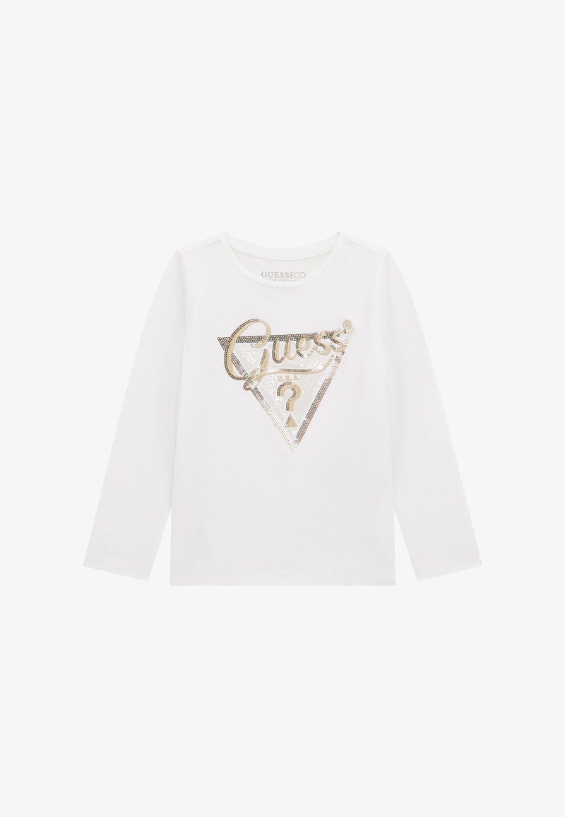 Witte lange mouwen T-shirt met een glanzend gouden en zwarte "Guess" logo in een driehoekig ontwerp met een vraagteken. Gemaakt van katoen.
