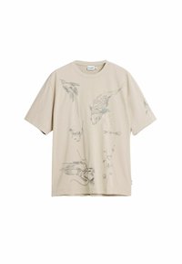 Beige cotton t-shirt with short sleeves and rounded neckline. Features line-drawn birds and floral motifs across the front.
