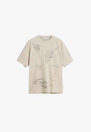 Beige cotton t-shirt with short sleeves and rounded neckline. Features line-drawn birds and floral motifs across the front.