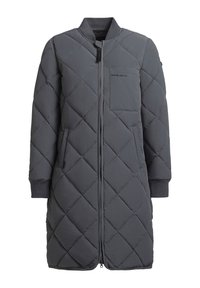 Gequilted lange jas in donkergrijs, met een ritssluiting aan de voorkant, ribgebreide manchetten en een borstzak. Glad oppervlak met een ruitpatroon.