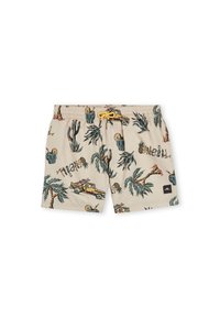 Costumi da bagno beige con un vivace motivo tropicale che presenta palme, cactus e un camion d'epoca. Include un cordino giallo e una toppa con il logo.