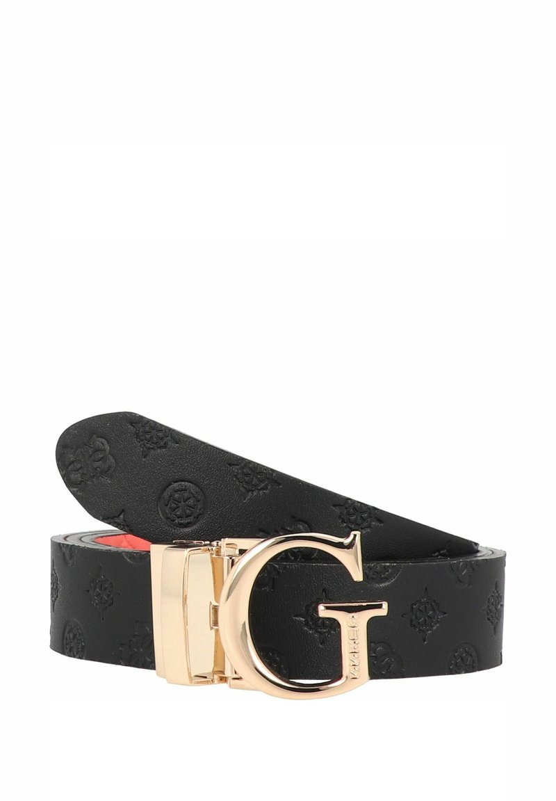 Cintura in pelle nera con superficie texturizzata e motivi in rilievo, fibbia dorata lucida a forma di lettera "G" e finitura liscia.