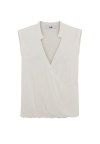 Blusa senza maniche di colore crema con scollatura a V, tessuto morbido, tessuto drappeggiato e dettagli con tasca sulla parte anteriore.