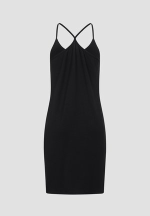 Zwarte mouwloze jurk met een getailleerd ontwerp. Heeft een gedrapeerde achterkant en kruislings gespen. Gemaakt van een soepele, lichte stof.
