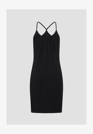 Zwarte mouwloze jurk met een getailleerd ontwerp. Heeft een gedrapeerde achterkant en kruislings gespen. Gemaakt van een soepele, lichte stof.