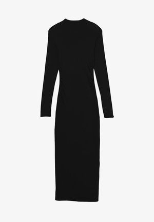 Robe noire à manches longues avec un col rond, forme ajustée, détails froncés sur les côtés et longueur mi-mollet. Fabriquée dans un matériau lisse et extensible.