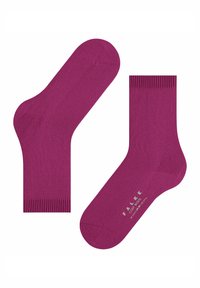 Un paio di calze viola a metà polpaccio con orli a coste, texture a maglia liscia e testo bianco del marchio "FALKE COSY WOOL" sulla suola di una calza.