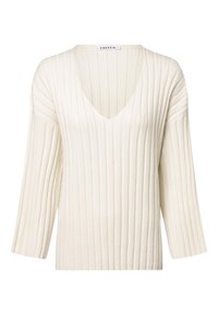 Cream ribbed knit sweater with a V-neck, wide three-quarter sleeves, and a textured fabric. Label reads "EDITED."