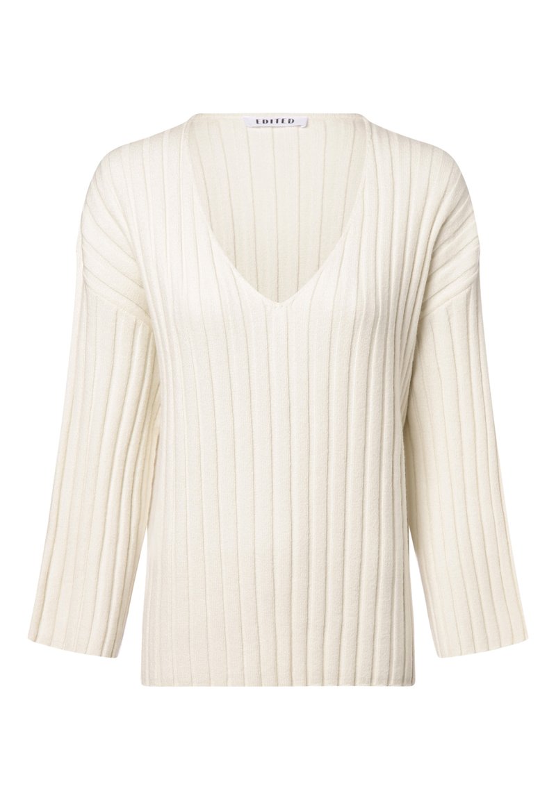 Cremfarbener, gerippter Strickpullover mit V-Ausschnitt, weiten Dreiviertelärmel und strukturiertem Stoff. Das Etikett trägt die Aufschrift "EDITED."