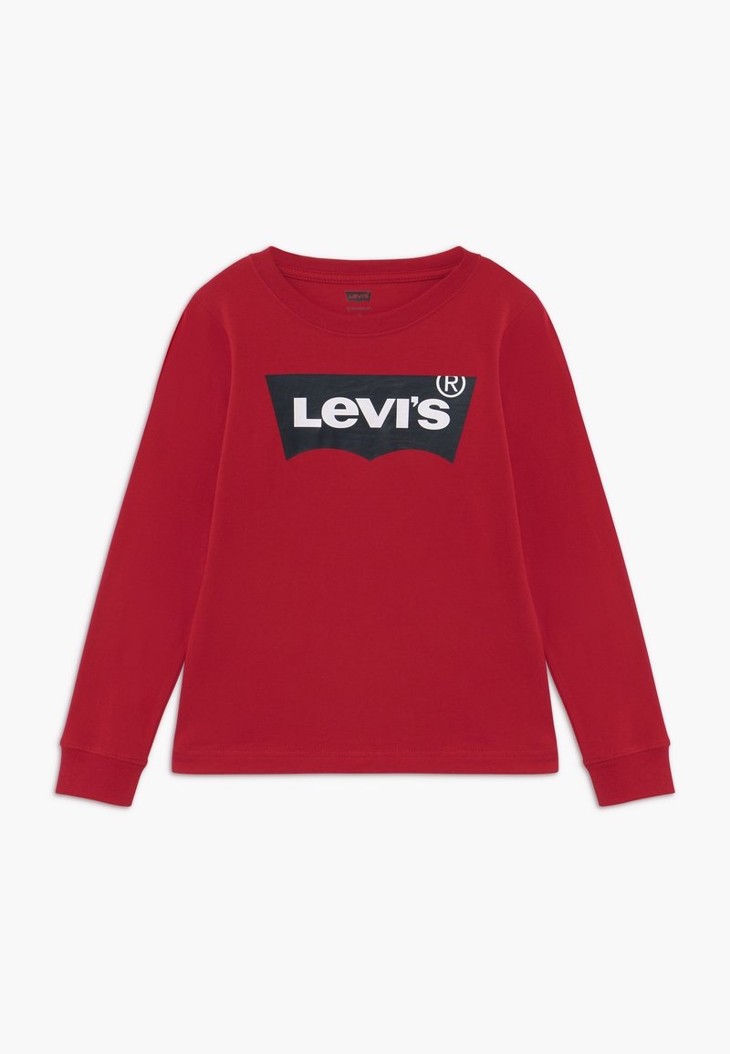 T-shirt rouge à manches longues et col rond avec un logo Levi's noir et blanc centré sur la poitrine.