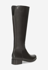 Knöchelhohe schwarze Lederstiefel mit glatter Oberfläche, runder Zehenpartie, niedrigem Blockabsatz und dezentem Logoschriftzug an der Seite.