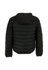 Giacca puffa nera con cappuccio, caratterizzata da cuciture a canale, chiusura con zip e polsini ed orlo elasticizzati per calore e comfort.
