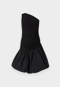 Čierne šaty na jedno rameno s tesne priliehavým korzetom a objemnou, nariasenou sukňou. Vyrobené z hladkej, ľahkej tkaniny s matným povrchom.