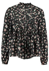 Blusa nera con stampa floreale in rosa e verde. Design plissettato con colletto alto e maniche lunghe arricciate. Tessuto leggero.