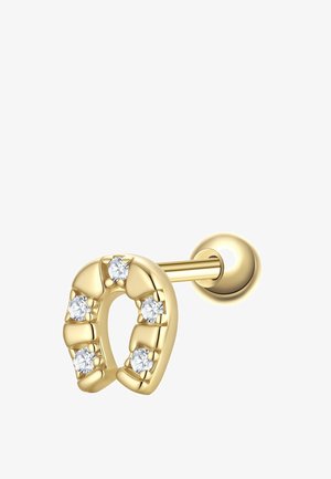 Pendiente con forma de herradura de oro adornado con seis piedras preciosas redondas y claras, unido a una barra de oro y un respaldo esférico.
