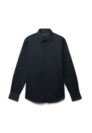 Schwarzes Langarmhemd aus glattem Stoff, mit Knopfleiste, spitzen Kragen und Manschetten mit einem Knopf.