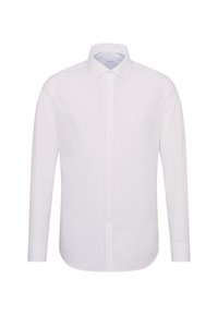 Weißes Herrenhemd mit langen Ärmeln, spitzem Kragen und verdeckter Knopfleiste, vor einfarbigem Hintergrund dargestellt.