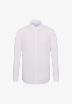 Wit, heren overhemd met lange mouwen, puntige kraag en verborgen knoopsluiting, afgebeeld tegen een effen achtergrond.
